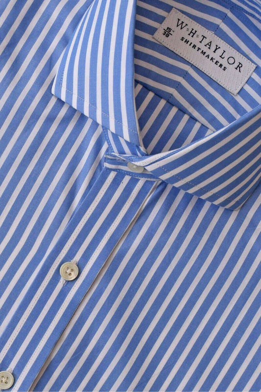 Blue & White Wide Pinstripe Poplin Men's Bespoke Shirt - whtshirtmakers.com