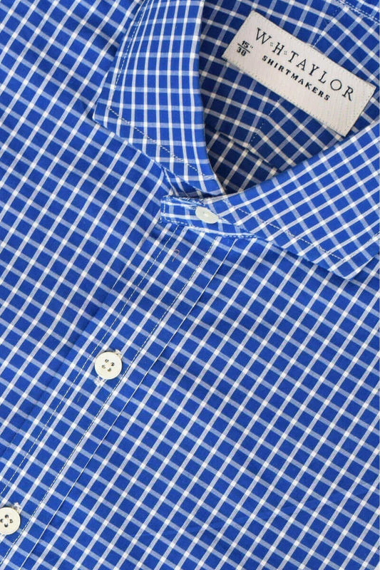 Royal Blue & White Windowpane Check Compact Cotton Men's Bespoke Shirt - whtshirtmakers.com