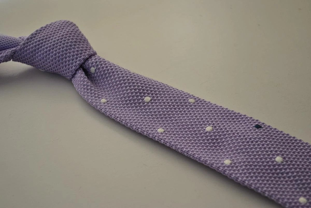 lavender purple skinny knitted tie with white polka dots by Frederick Thomas Handmade Mens Ties