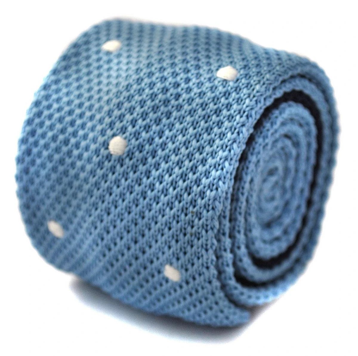 light blue tie skinny knitted tie with white polka dots by Frederick Thomas Handmade Mens Ties