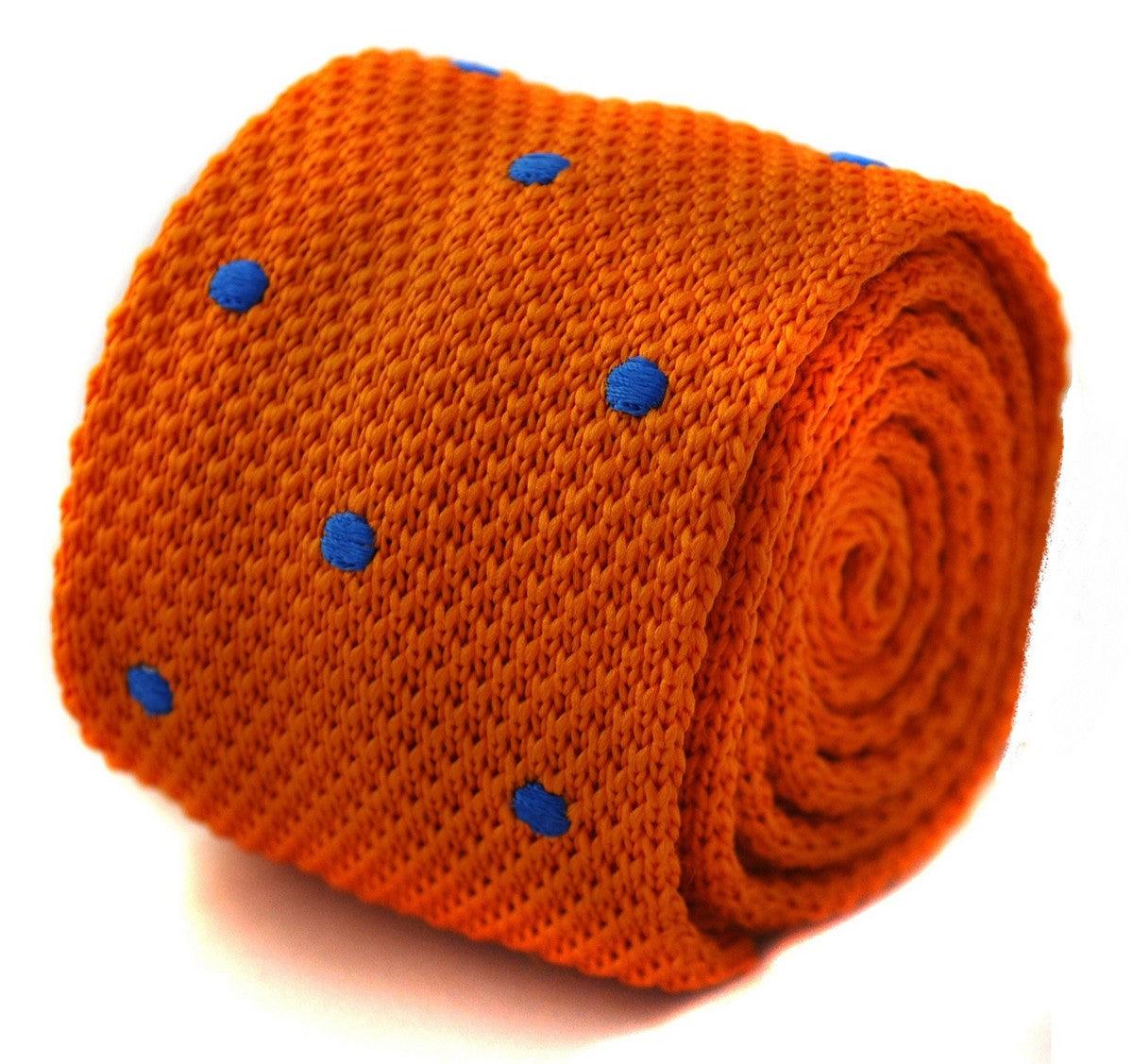 knitted orange tie with royal blue polka dots by Frederick Thomas Handmade Mens Ties