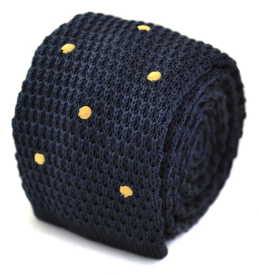 navy blue skinny knitted tie with gold polka dots by Frederick Thomas Handmade Mens Ties