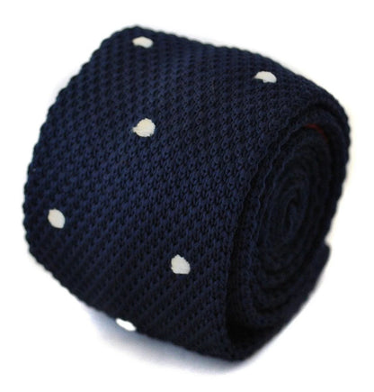 navy blue skinny knitted tie with white polka dots by Frederick Thomas Handmade Mens Ties