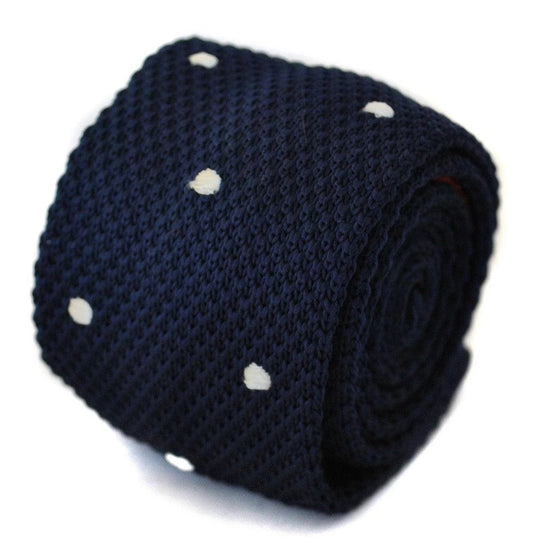 navy blue skinny knitted tie with white polka dots by Frederick Thomas Handmade Mens Ties