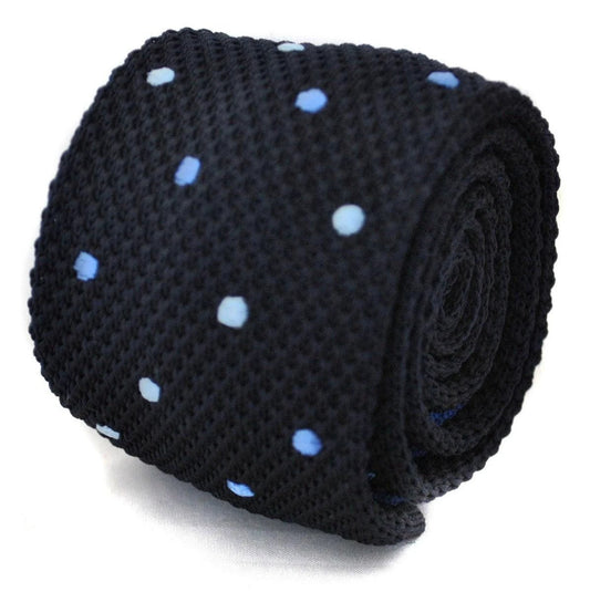 navy blue skinny knitted tie with light blue polka dots by Frederick Thomas Handmade Mens Ties