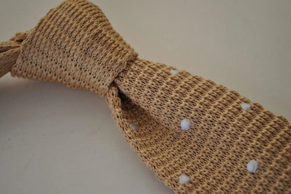 beige skinny knitted tie with white polka dots by Frederick Thomas Handmade Mens Ties