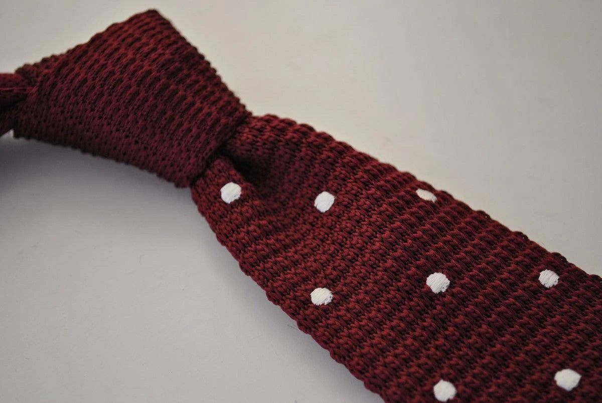 knitted dark red maroon tie with white polka dots by Frederick Thomas Handmade Mens Ties