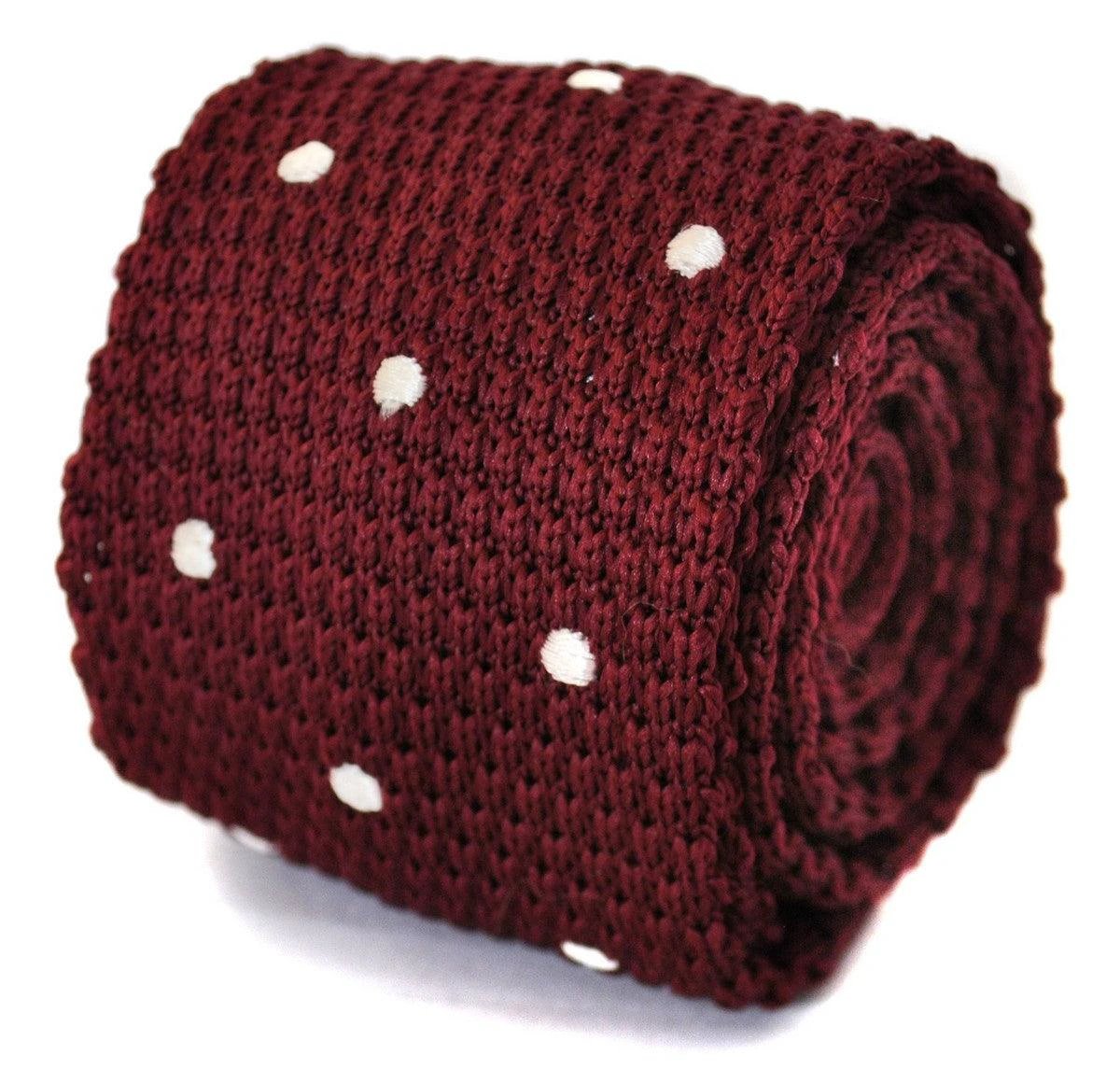 knitted dark red maroon tie with white polka dots by Frederick Thomas Handmade Mens Ties