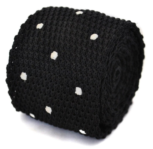 black skinny knitted tie with white polka dots by Frederick Thomas Handmade Mens Ties