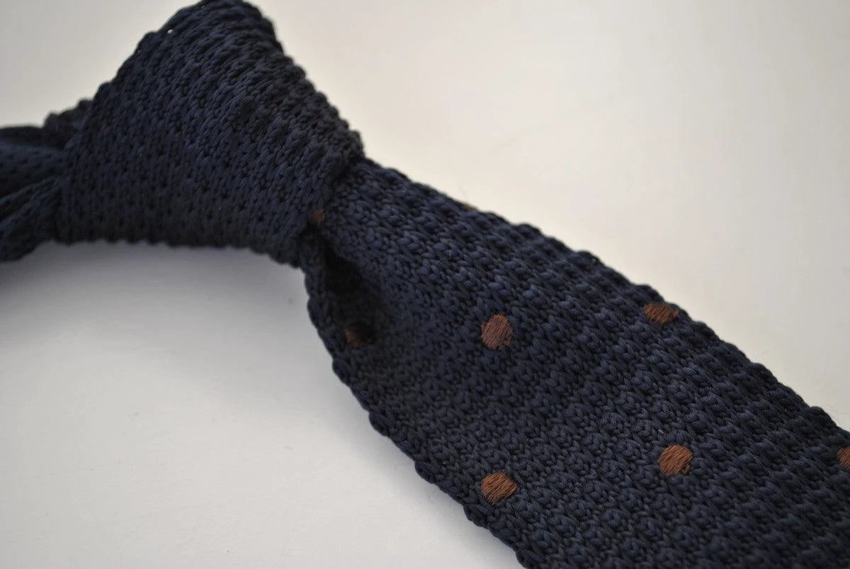 navy blue skinny knitted tie with brown polka dots by Frederick Thomas Handmade Mens Ties