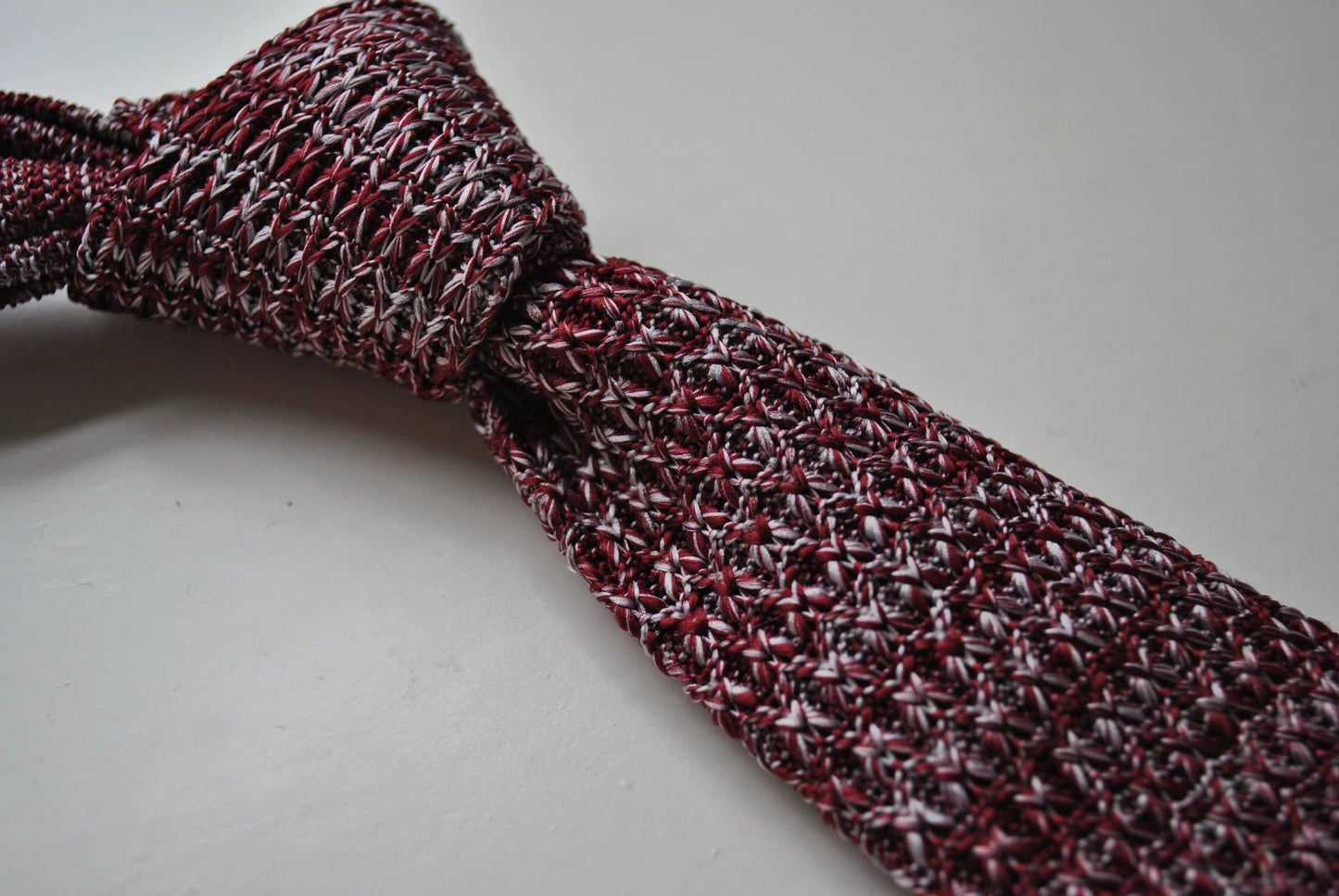 Handmade Knitted Maroon and White Speckled Tie by Frederick Thomas - Artisanal Craft with Contemporary Texture by Frederick Thomas Handmade Mens Ties