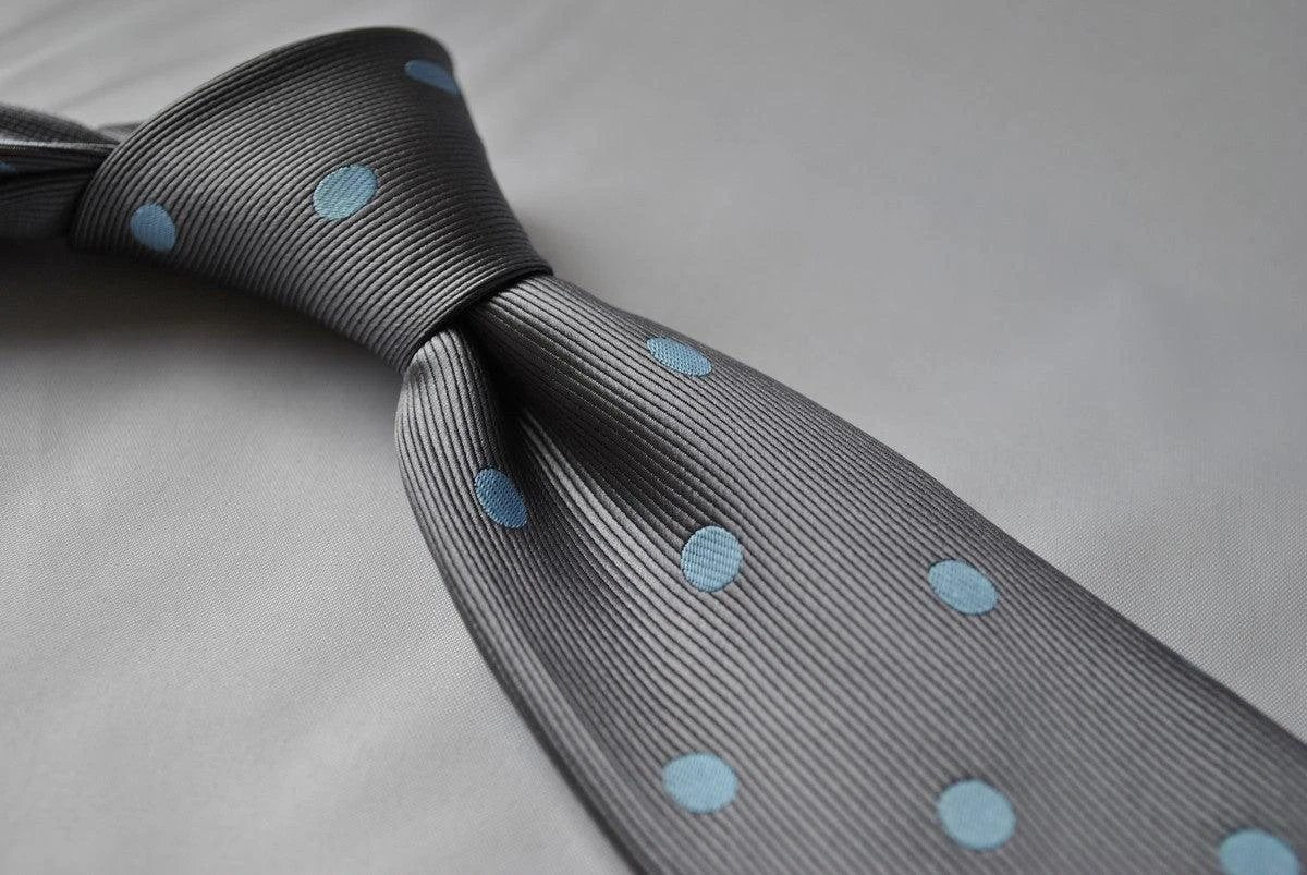 grey tie with light blue polka spot by Frederick Thomas Handmade Mens Ties
