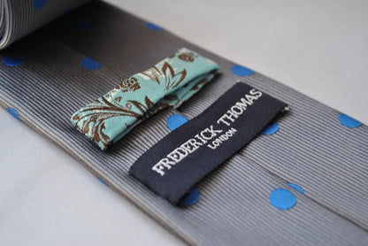 grey tie with royal blue polka dots by Frederick Thomas Handmade Mens Ties