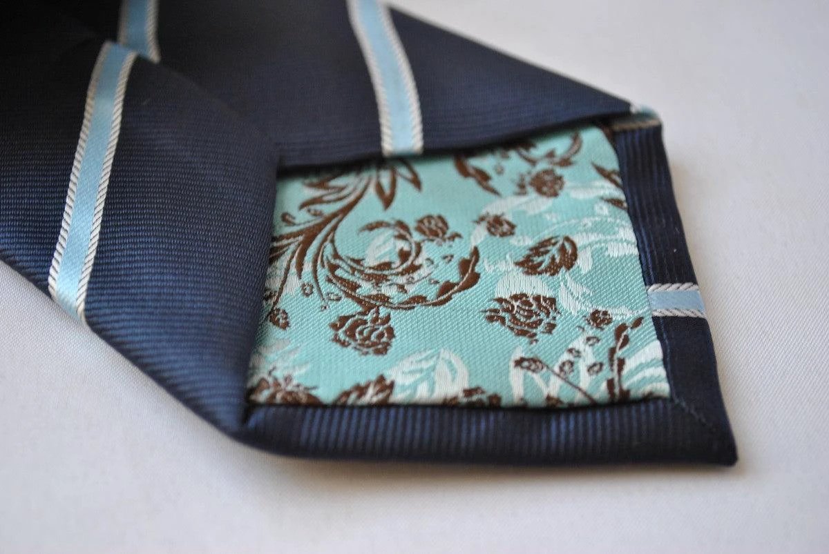 navy blue and light blue ribbon stripe tie by Frederick Thomas Handmade Mens Ties