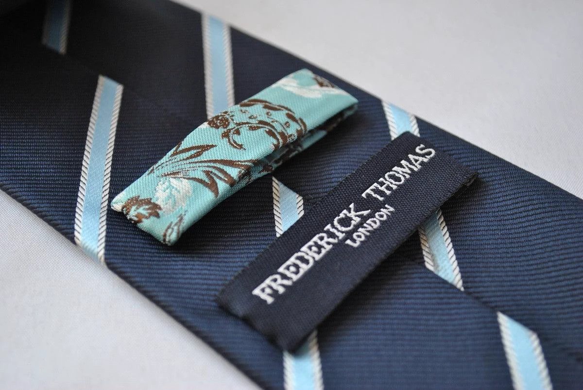 navy blue and light blue ribbon stripe tie by Frederick Thomas Handmade Mens Ties