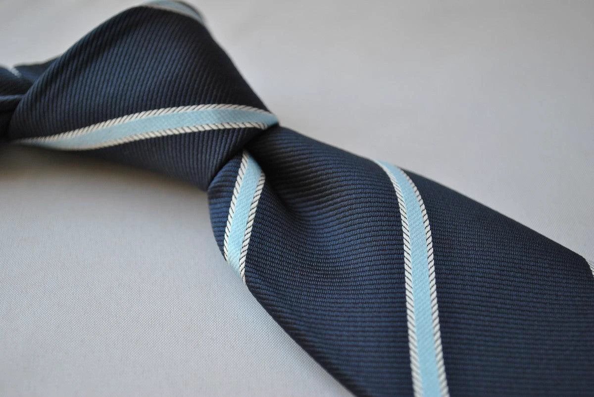 navy blue and light blue ribbon stripe tie by Frederick Thomas Handmade Mens Ties