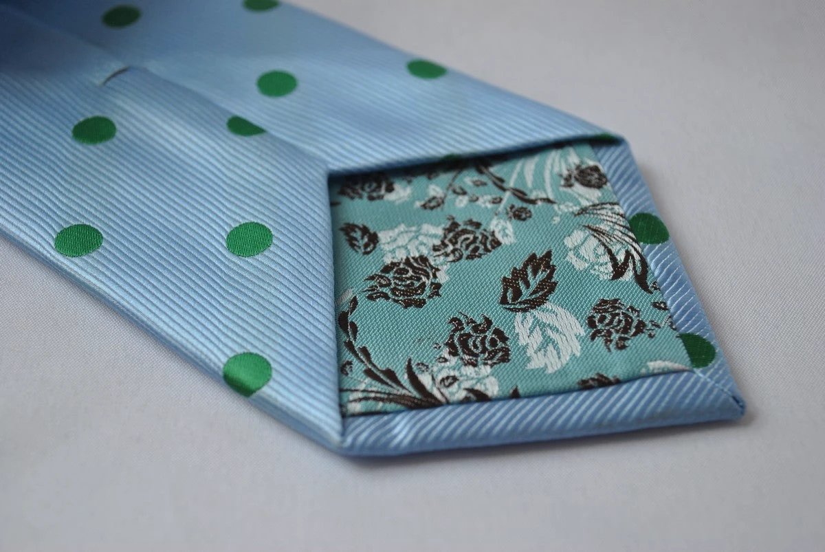 light blue tie with green polka dots by Frederick Thomas Handmade Mens Ties