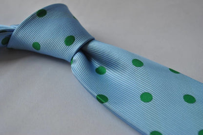 light blue tie with green polka dots by Frederick Thomas Handmade Mens Ties
