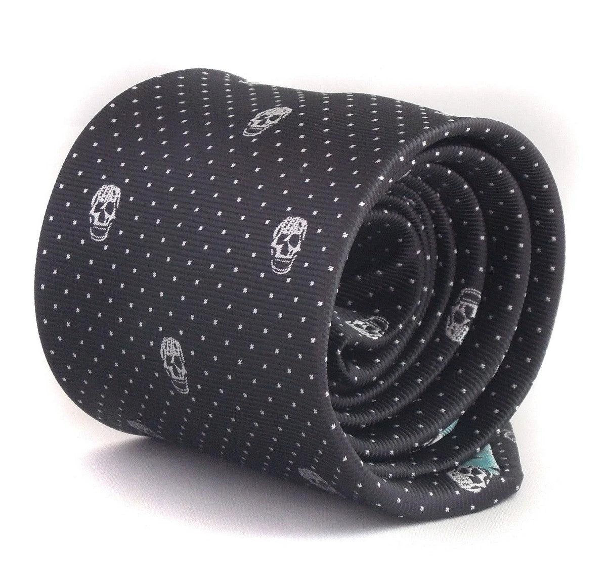 black tie with white embroidered skulls design tie by Frederick Thomas Handmade Mens Ties