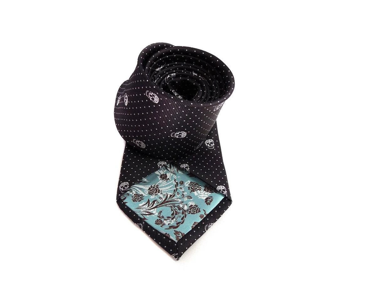 black tie with white embroidered skulls design tie by Frederick Thomas Handmade Mens Ties
