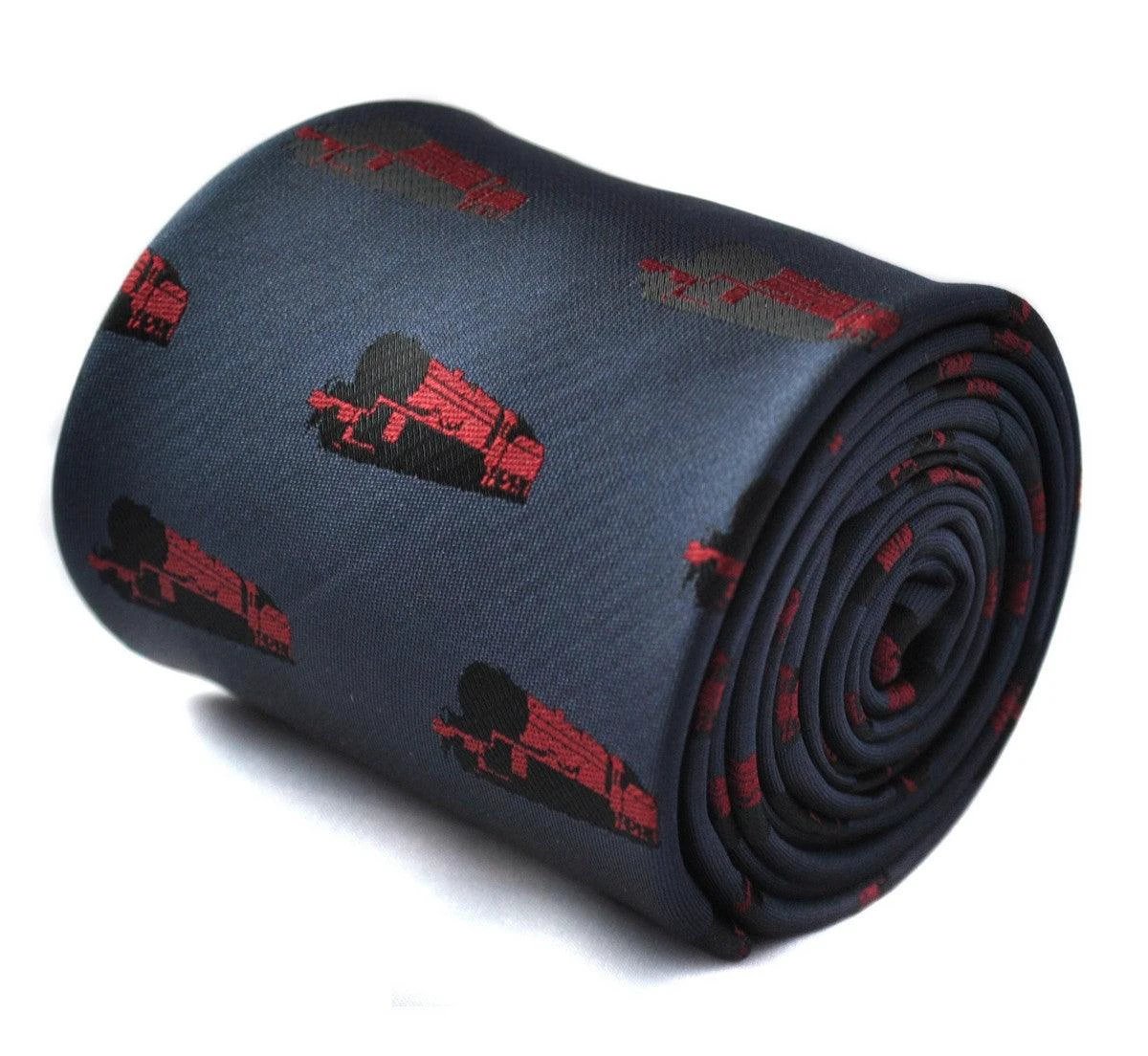 grey/blue tie with train design by Frederick Thomas Handmade Mens Ties