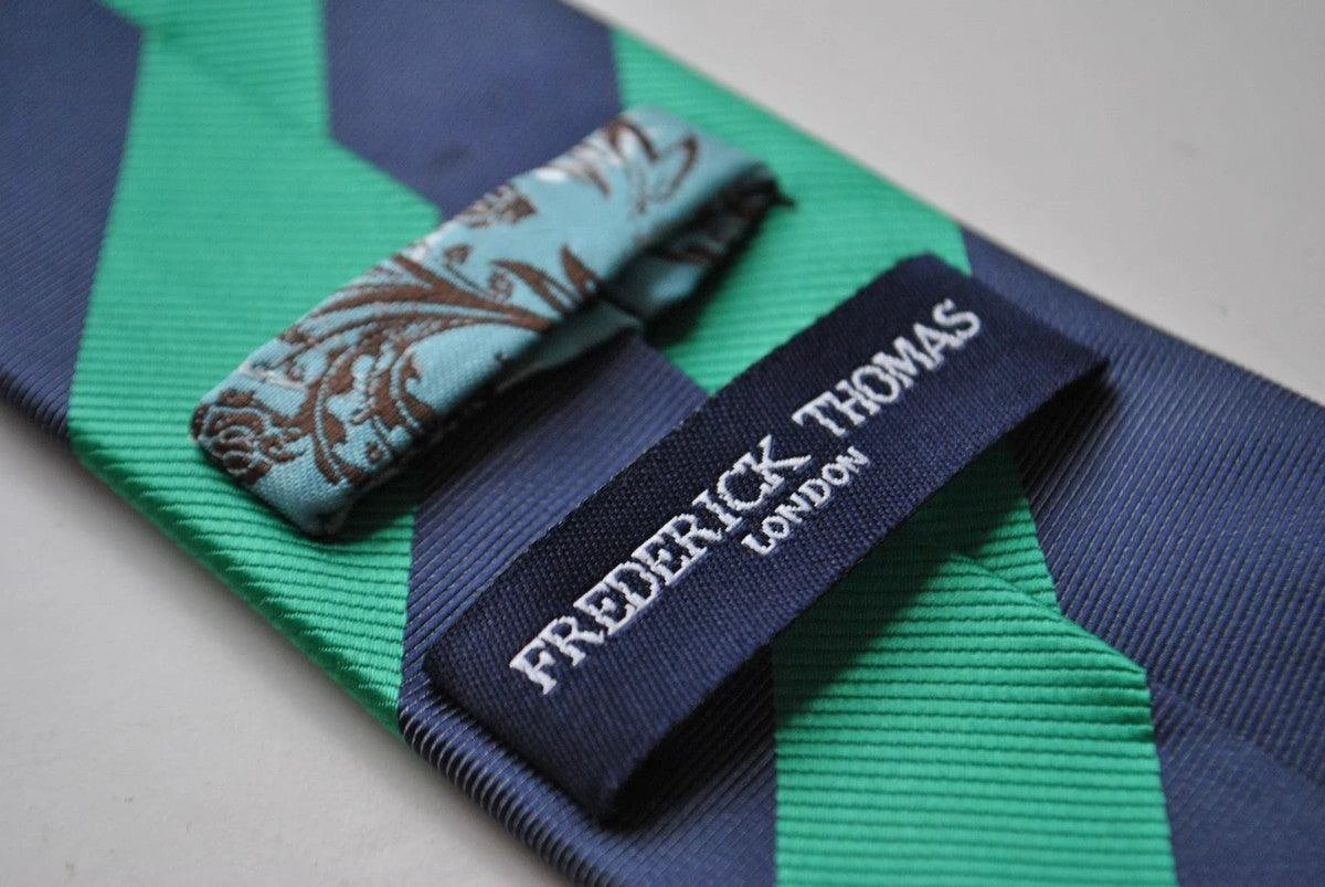 green and navy barber striped tie by Frederick Thomas Handmade Mens Ties