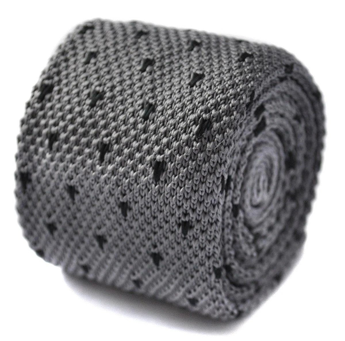 grey skinny knitted tie with black polka dots by Frederick Thomas Handmade Mens Ties