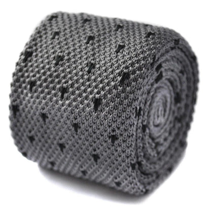 grey skinny knitted tie with black polka dots by Frederick Thomas Handmade Mens Ties