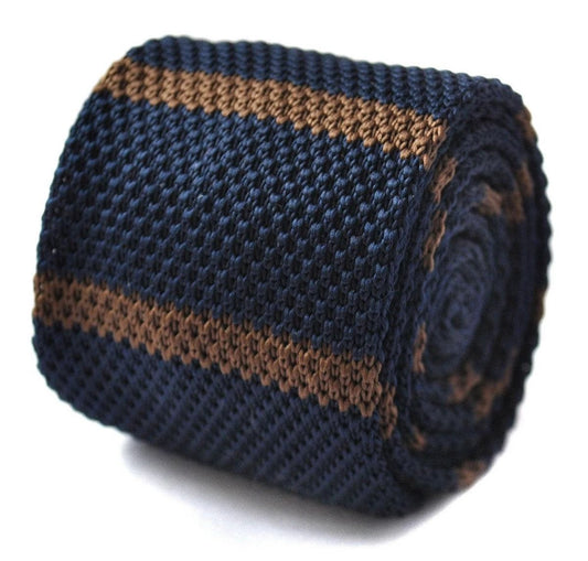 navy blue and brown striped skinny knitted tie by Frederick Thomas Handmade Mens Ties