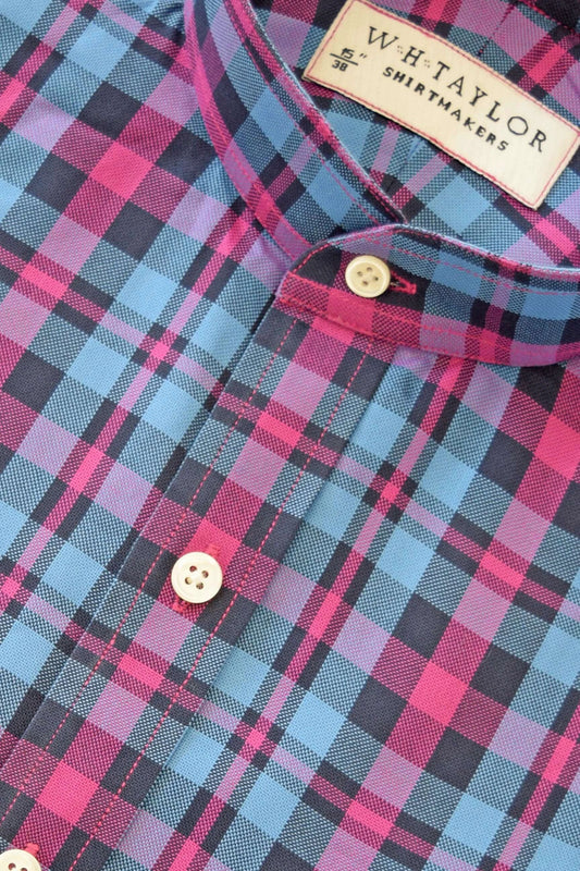 Blue & Cerise Plaid Check Twill Men's Bespoke Shirt - Vibrant Colour With Textured Twill For Versatile Styling by whtshirtmakers.com
