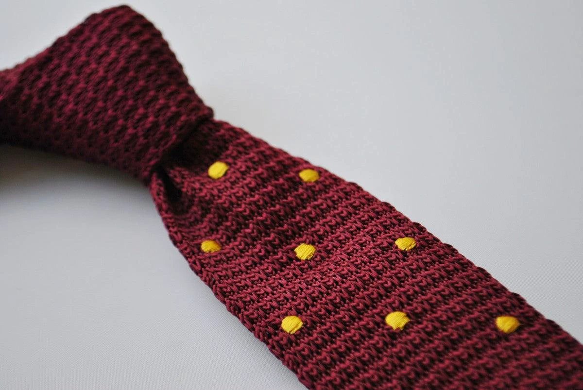 burgundy skinny knitted tie with gold polka dots by Frederick Thomas Handmade Mens Ties