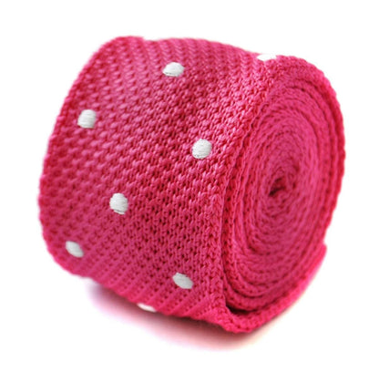 bright pink skinny knitted tie with white polka dots by Frederick Thomas Handmade Mens Ties