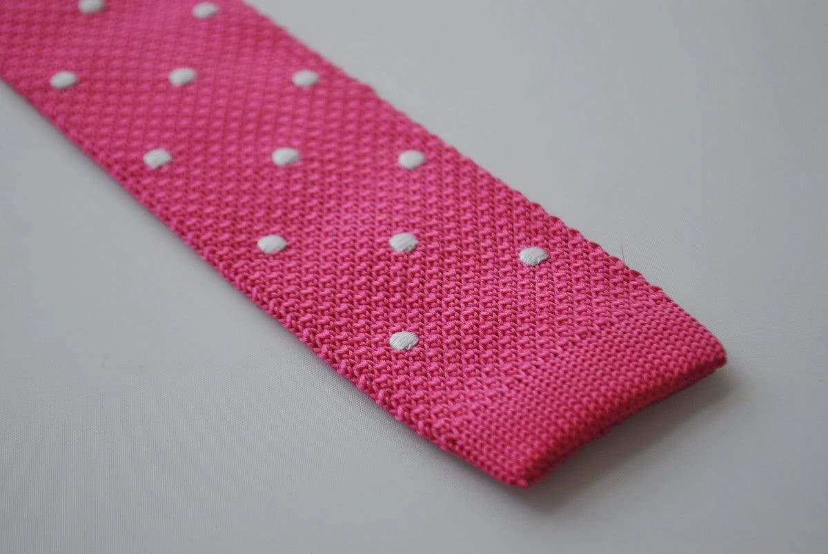bright pink skinny knitted tie with white polka dots by Frederick Thomas Handmade Mens Ties