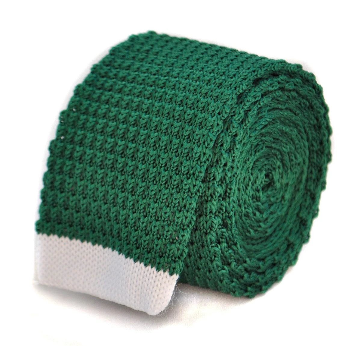 green skinny knitted tie with white tip by Frederick Thomas Handmade Mens Ties