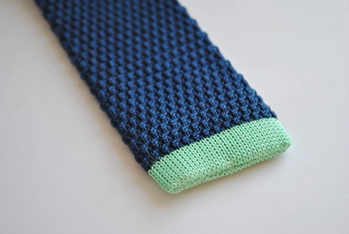 navy blue skinny knitted tie with mint green tip by Frederick Thomas Handmade Mens Ties