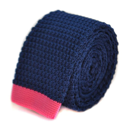 navy blue skinny knitted tie with hot pink tip by Frederick Thomas Handmade Mens Ties