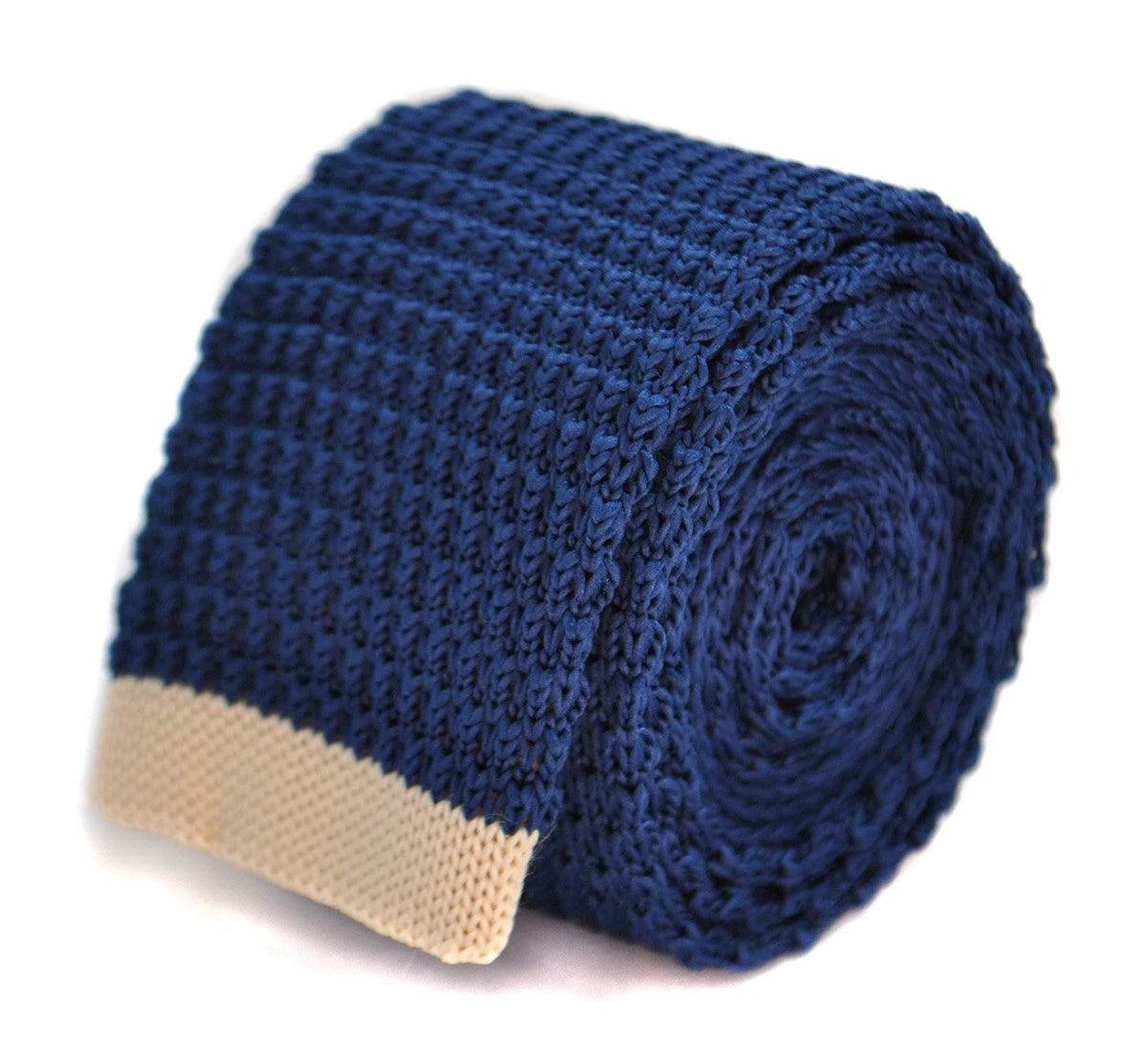 navy blue skinny knitted tie with cream tip by Frederick Thomas Handmade Mens Ties