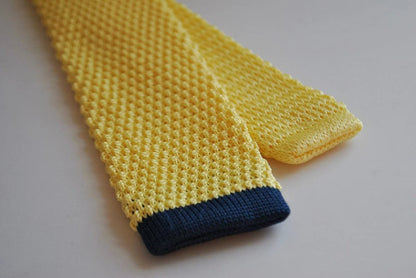 lemon yellow skinny knitted tie with navy blue tip by Frederick Thomas Handmade Mens Ties