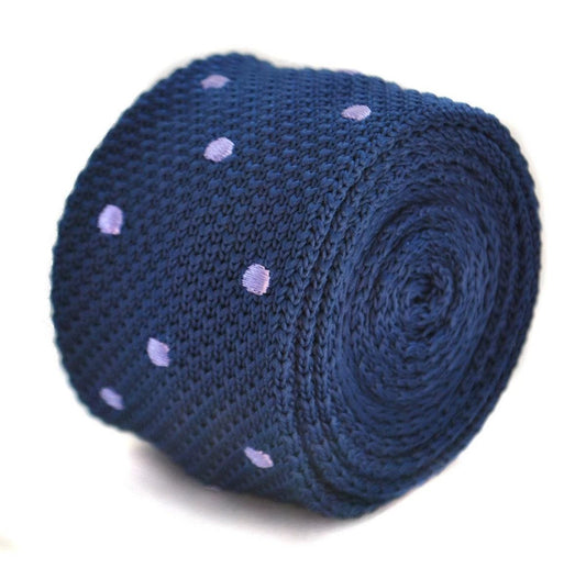 navy blue skinny knitted tie with lilac purple polka dots by Frederick Thomas Handmade Mens Ties
