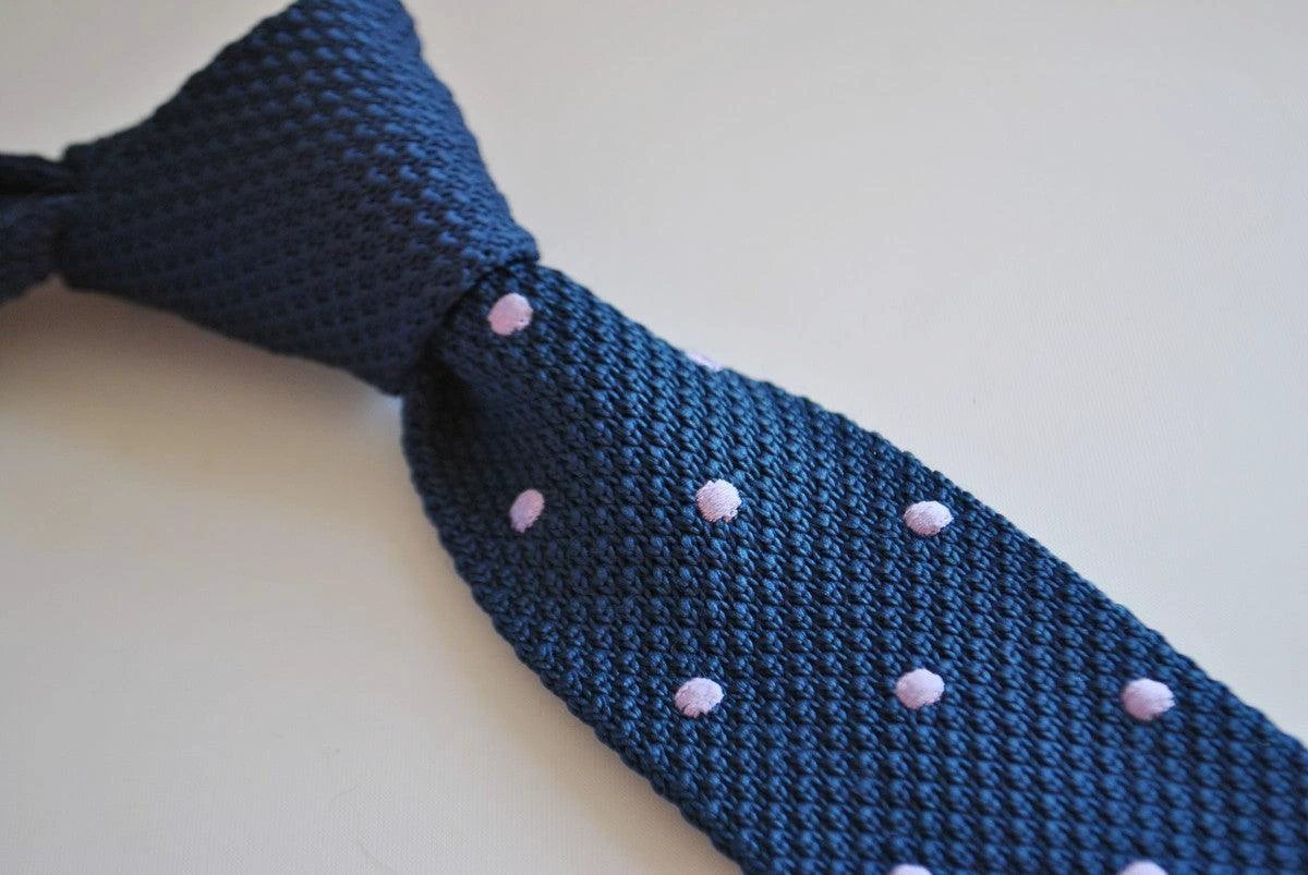 navy blue skinny knitted tie with lilac purple polka dots by Frederick Thomas Handmade Mens Ties