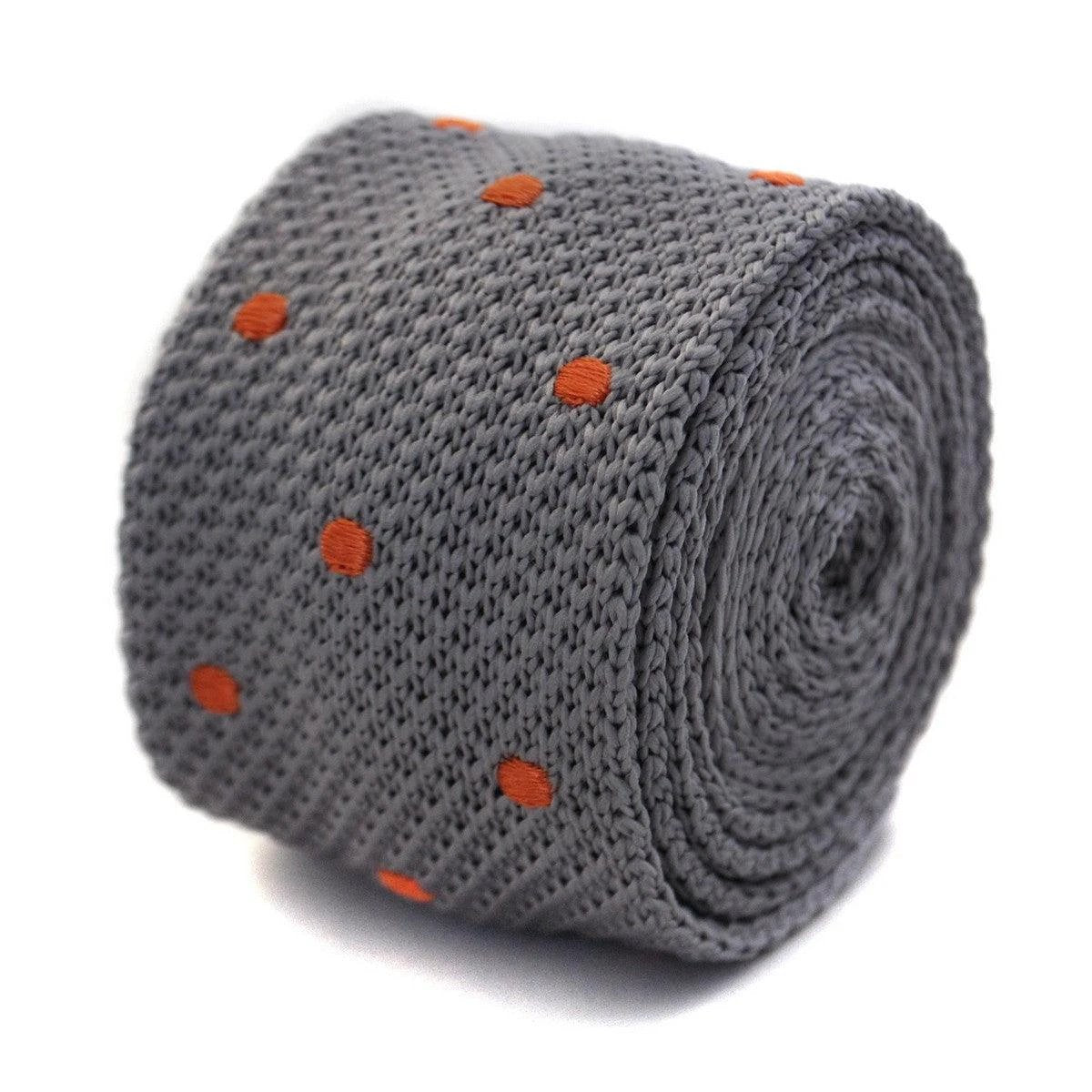 grey skinny knitted tie with orange polka dots by Frederick Thomas Handmade Mens Ties