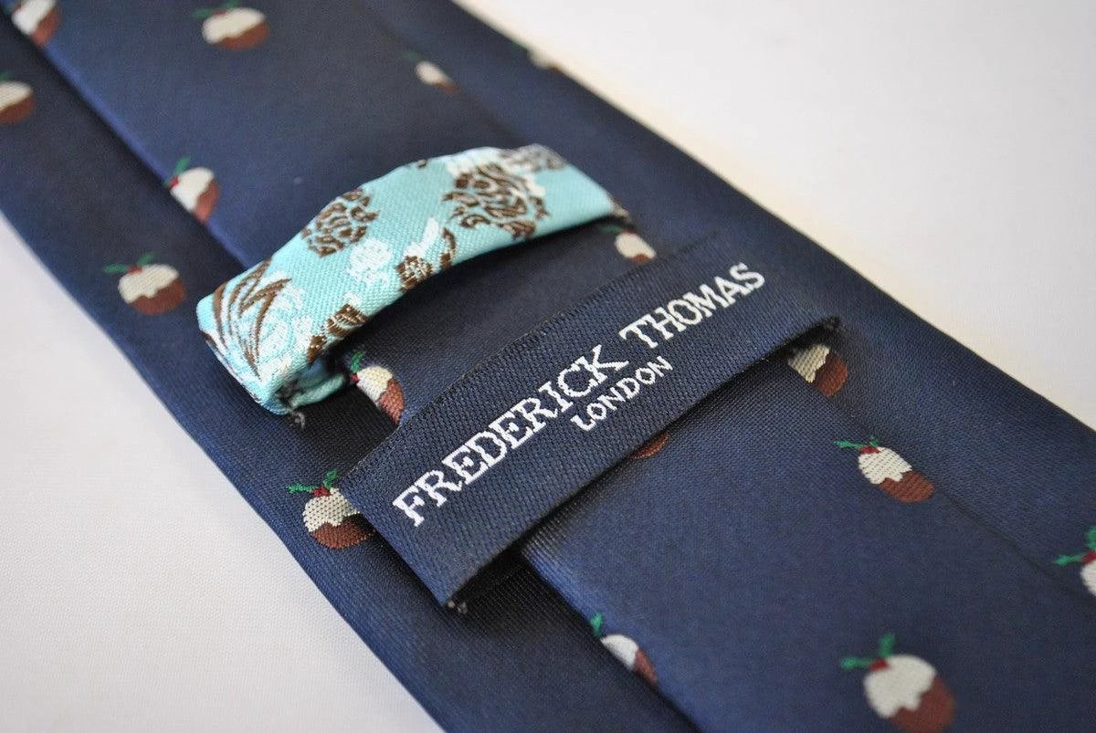 christmas range - navy christmas tie with christmas pudding design by Frederick Thomas Handmade Mens Ties