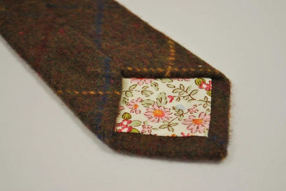 chocolate brown, blue and yellow check tweed wool tie by Frederick Thomas Handmade Mens Ties