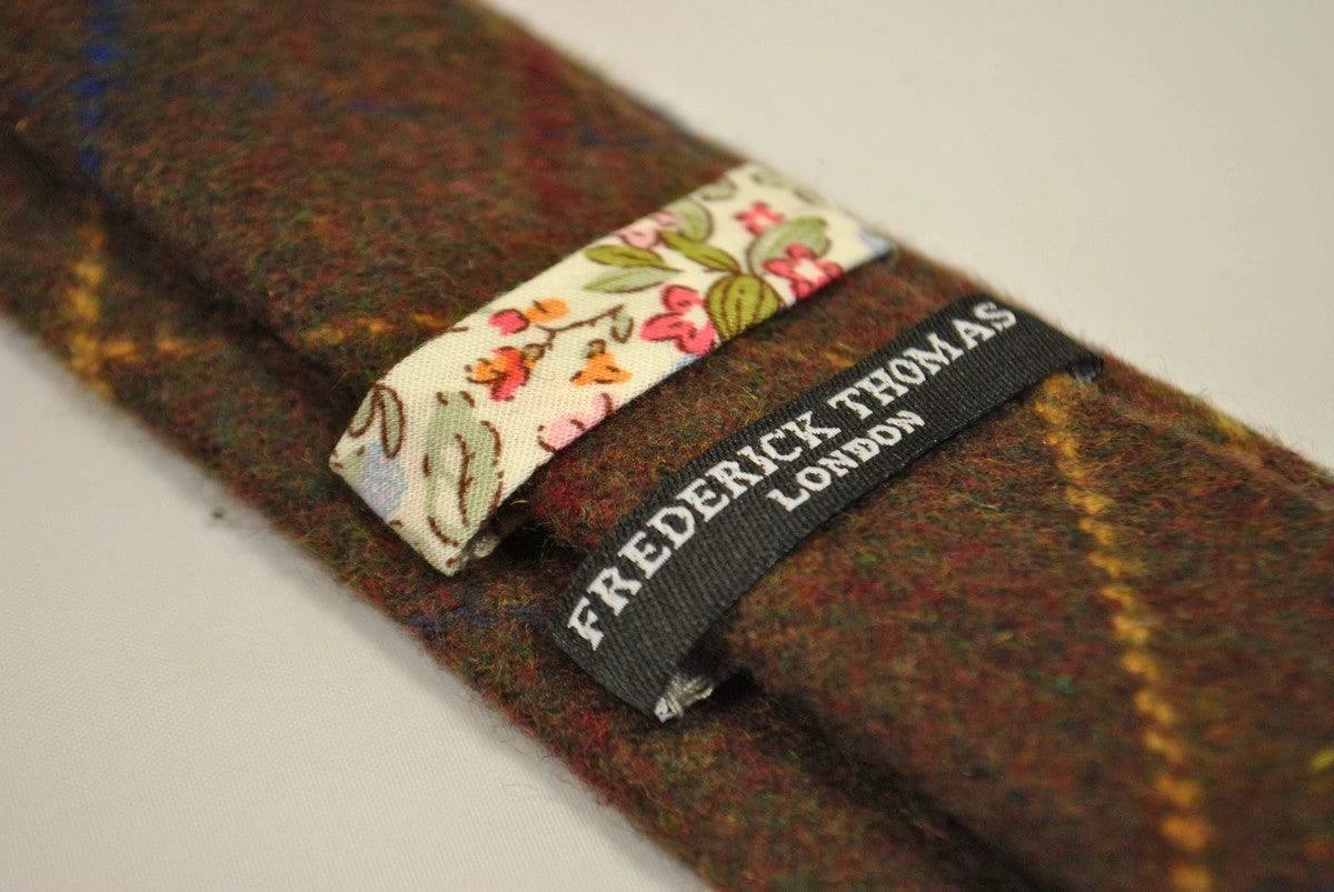 chocolate brown, blue and yellow check tweed wool tie by Frederick Thomas Handmade Mens Ties
