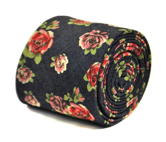 navy blue and rose floral design 100% cotton tie by Frederick Thomas Handmade Mens Ties
