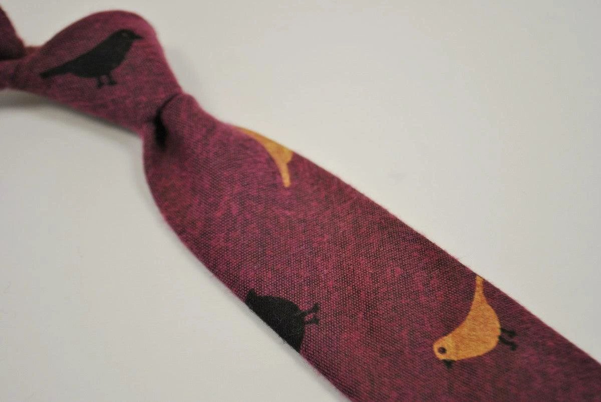 dark pink cotton tie with bird design by Frederick Thomas Handmade Mens Ties