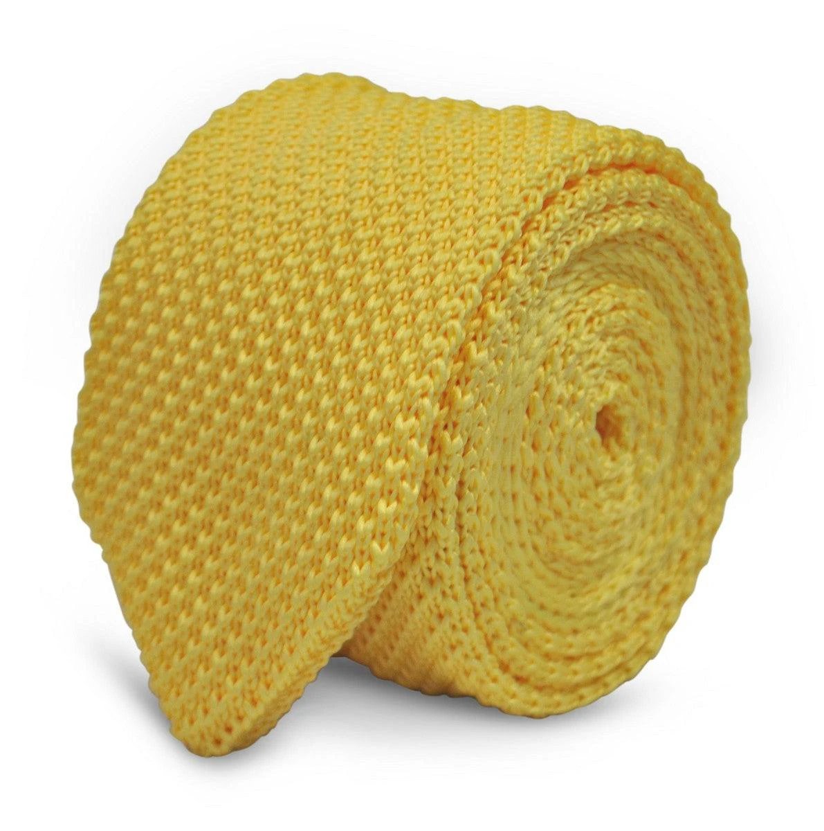 lemon yellow skinny knitted tie with pointed end by Frederick Thomas Handmade Mens Ties