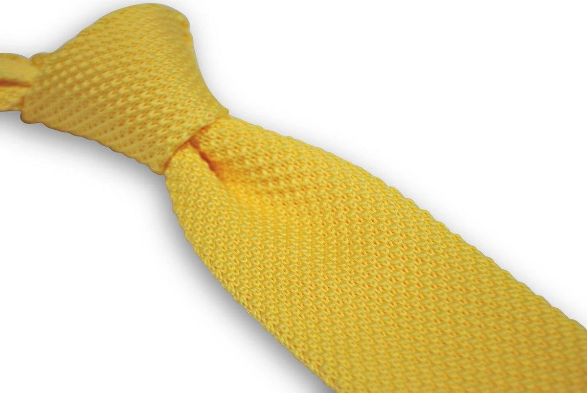 lemon yellow skinny knitted tie with pointed end by Frederick Thomas Handmade Mens Ties