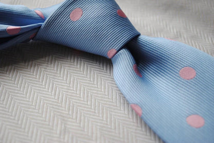 blue tie with pink polka dots by Frederick Thomas Handmade Mens Ties