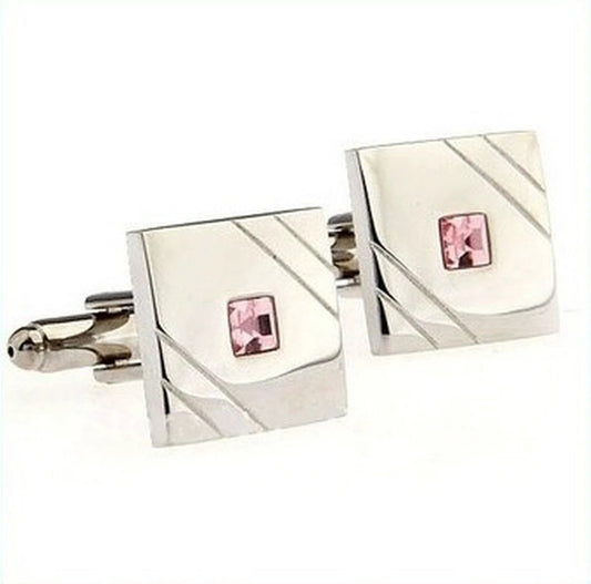 Elegant silver square cufflinks with pink stone crystal by Frederick Thomas Handmade Mens Ties